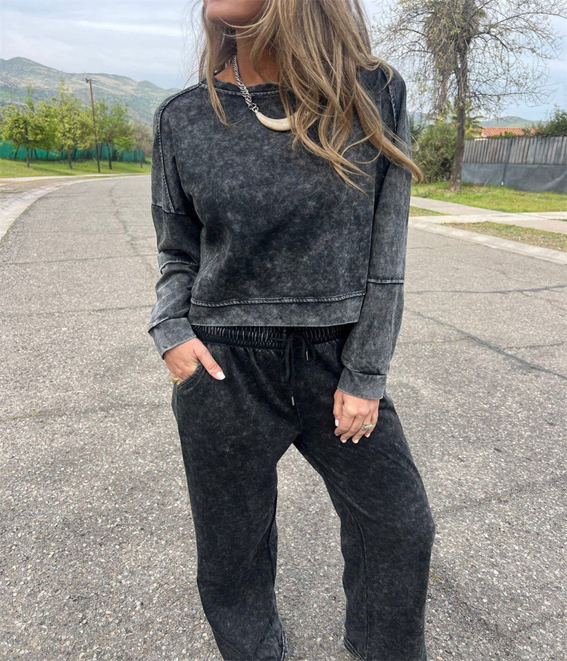 Women's Casual All-matching Lace-up Crew Neck Long Sleeve Blouse And Pants