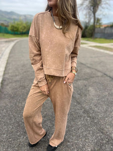 Women's Casual All-matching Lace-up Crew Neck Long Sleeve Blouse And Pants