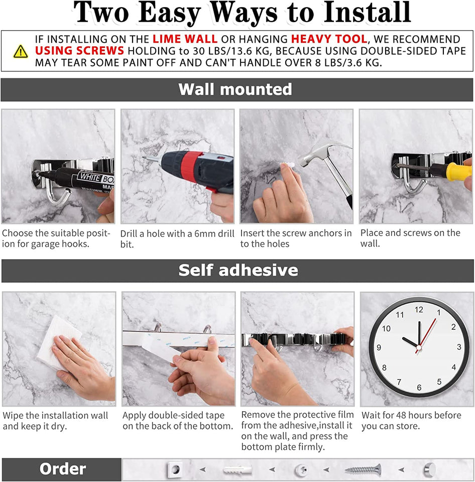 5 Holders+4 Hooks Broom Holder Wall Mounted with Nails Installation, Heavy Duty Stainless Steel Mop Holder, Brush Mop and Broom Storage Self Adhesive